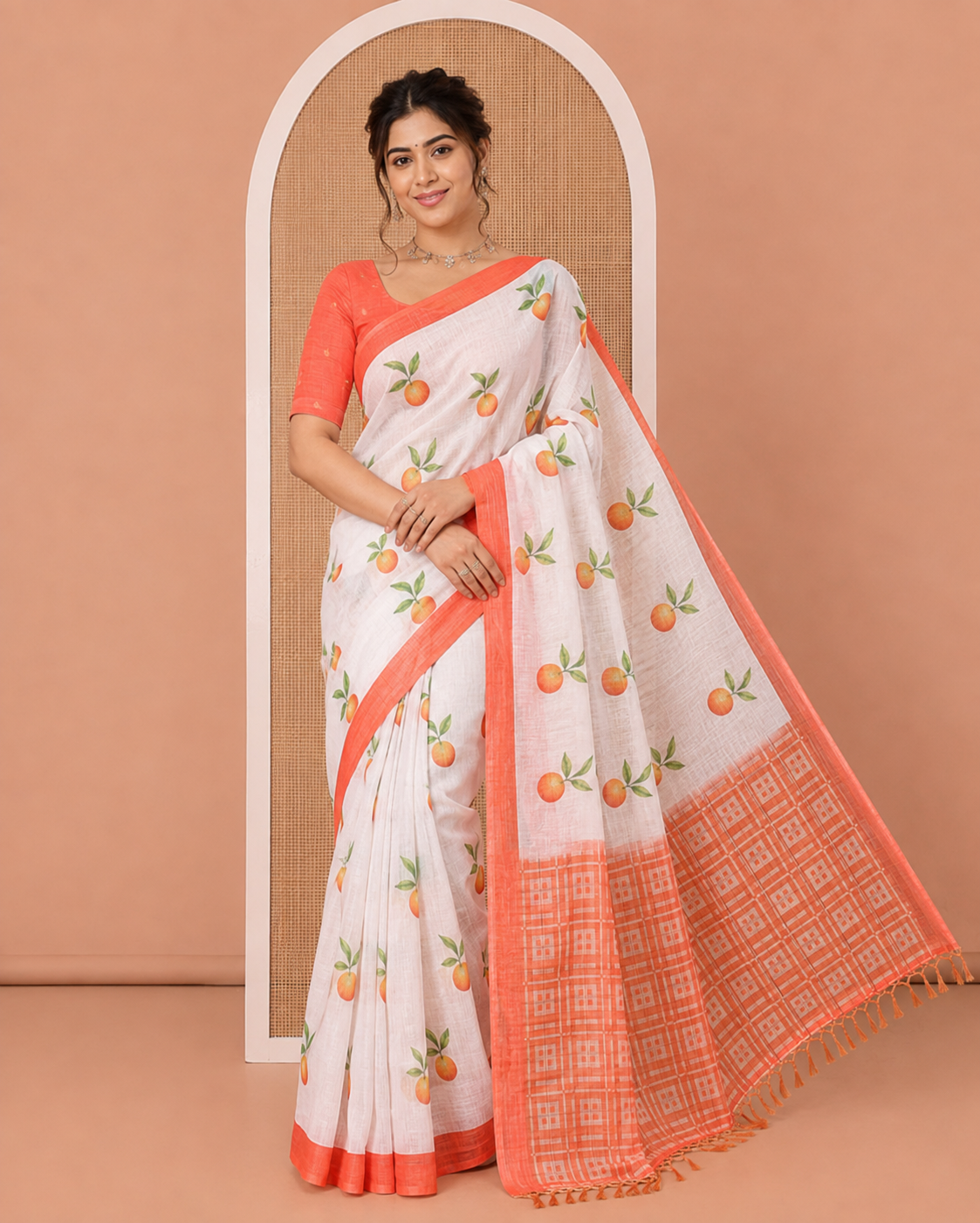 White Linen Cotton Saree, Artfully Printed with Orange Motifs All Over Its Body, Complemented by a Contrast Border, Geometric-Printed Pallu, and Paired with a Contrast Blouse
