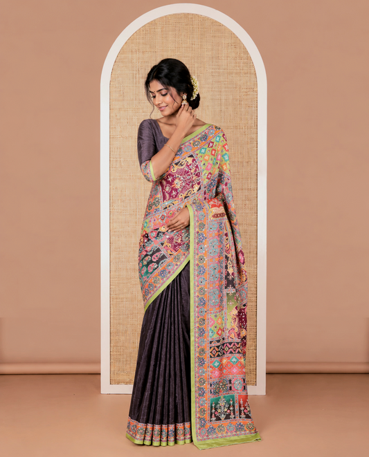 Multi Color Printed Mirror Work Synon Silk Saree With Printed Border Printed Rich Pallu Along With Plain Blouse