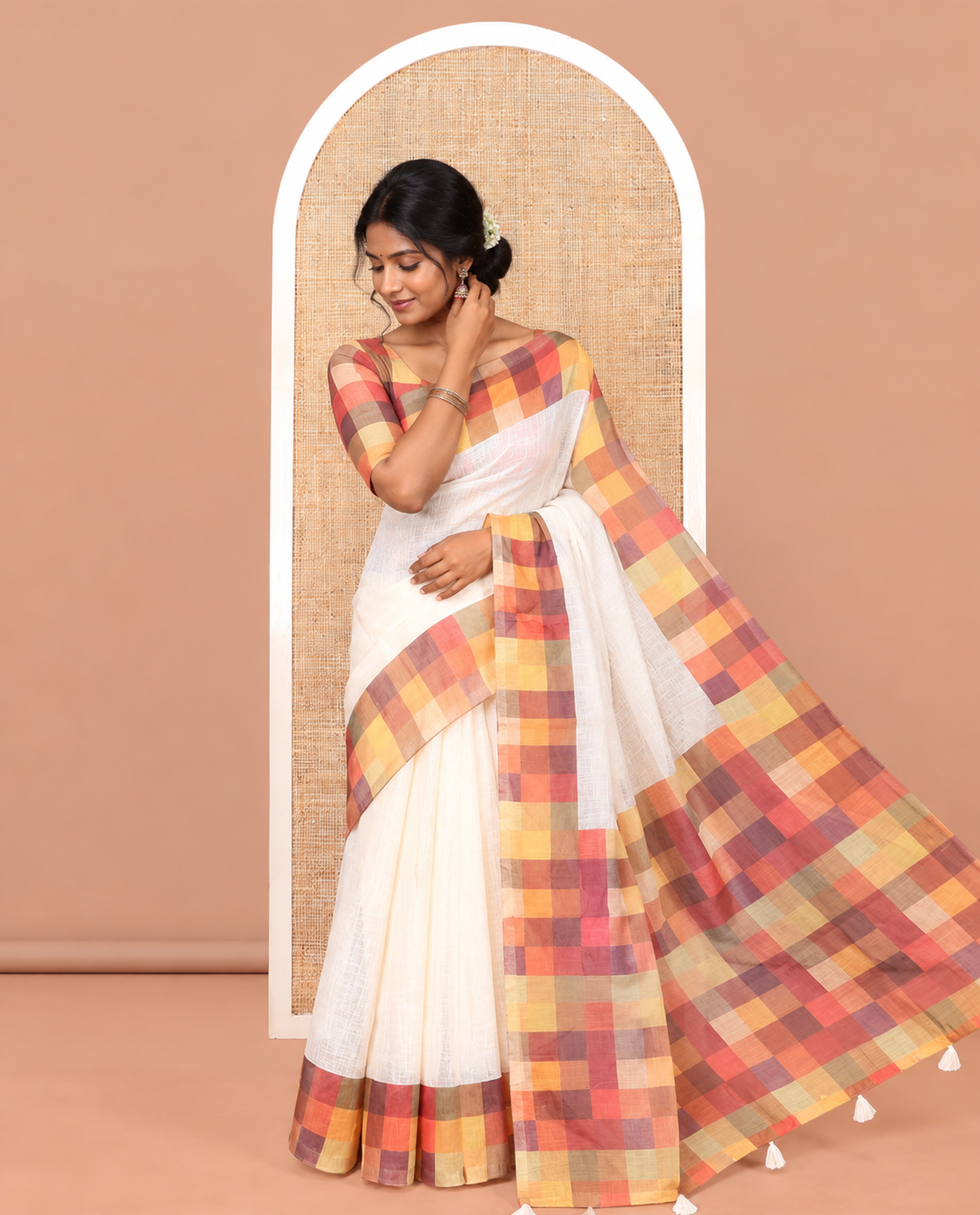 Cream-Yellow Plain Handloom Cotton Saree, a Contrast Checked Border, Checked Pallu, and a Contrast Blouse