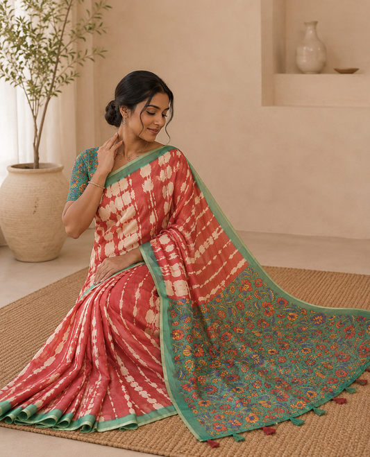 Honey Color Mercerised Cotton Saree, Elevated with Shibori Printed on Its Body, Complemented by a Contrast Border, Pallu Steeped with Colorful Floral Print, and Paired with a Contrast Printed Blouse