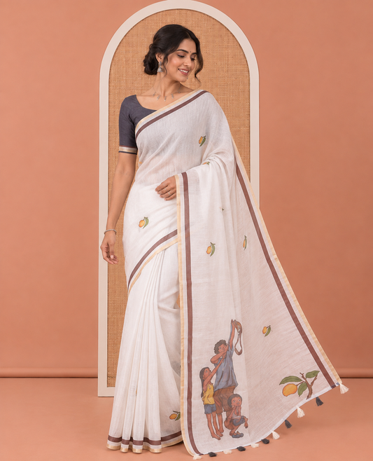 White Linen Cotton Saree Features a Children Harvesting Mangoes-Themed Print, Zari-Printed Border, Contrast Blouse