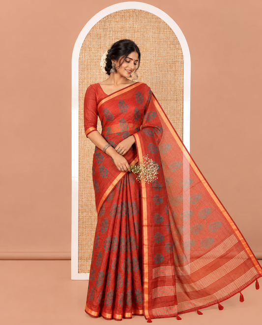 Rust Orange Chanderi Cotton Saree