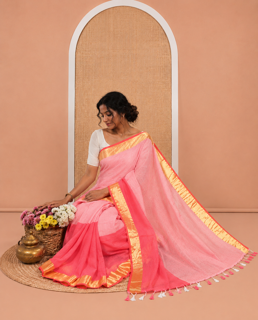 Light Pink-Pink Half-And-Half Plain Khadi Mul Cotton Saree, with a Zari Border, and No Blouse