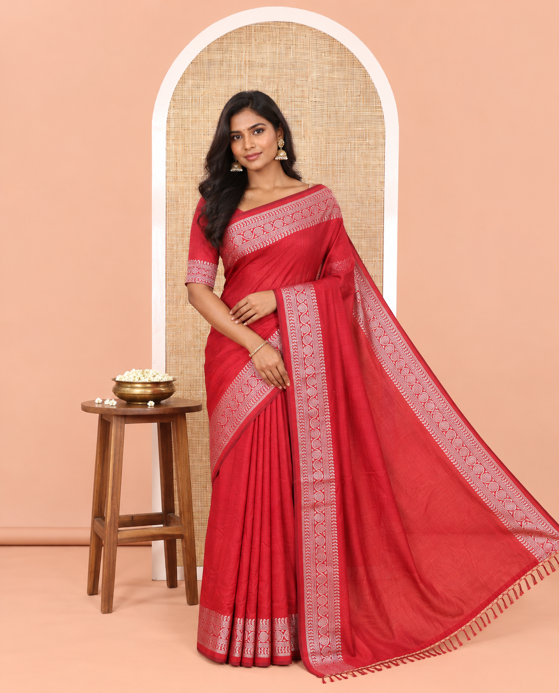 Red Plain Vichitra Silk Saree, Subtle Traditional Motifs Woven Border, Plain Pallu, and Paired with a Matching Blouse