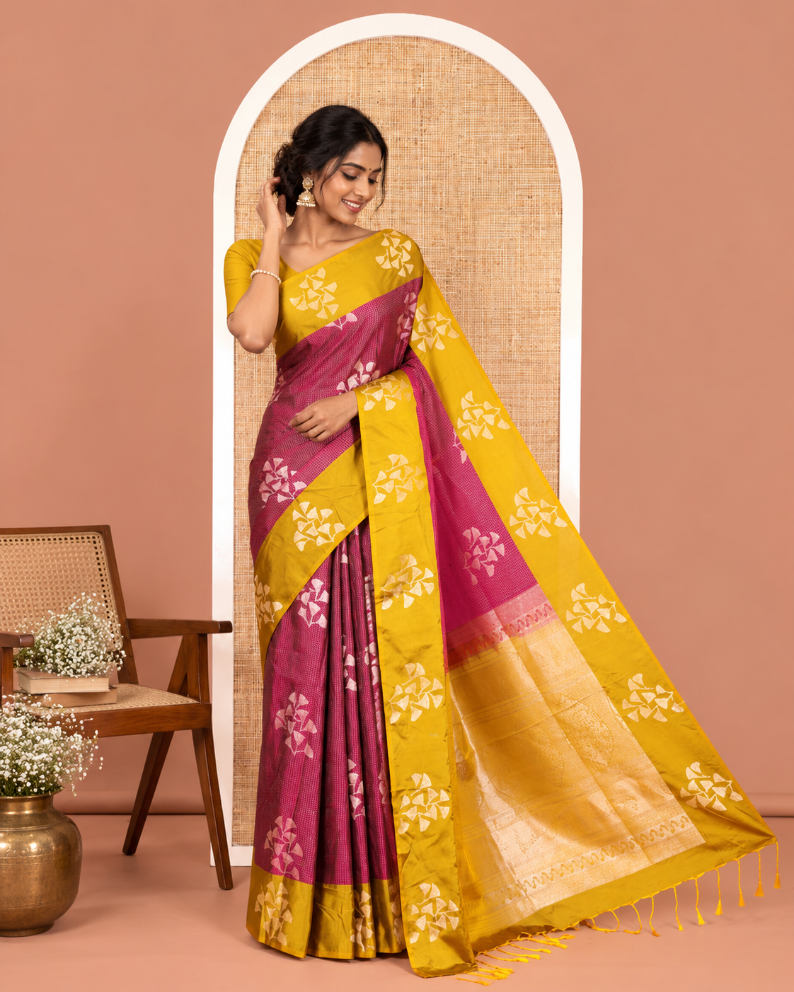 Majenta Semi-Soft Silk Saree, Highlighted by Vaira Oosai Stripes and Floral Buttas All Over Its Body, Complemented by a Contrast Floral Buttas Border, an Intricately Designed Pallu, and Paired with a  Contrast Blouse