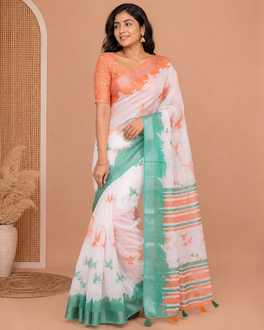 White Linen Cotton Saree Features Indian-National Flag-Themed Dove Buttas, a Contrast Ganga-Jamuna Border, Contrast Blouse