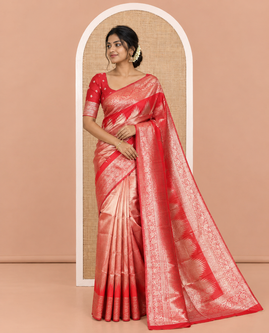 Red Tissue-Zari Litchi Saree, a Temple Kodi Visiry Border, Grand Pallu, and Matching Blouse