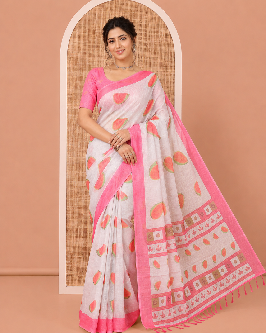 Cream Linen Cotton Saree, Artfully Printed with Guava Motifs All Over Its Body, Complemented by a Contrast Plain Border, Pallu Steeped with Guava Motifs, and Paired with a Contrast Blouse