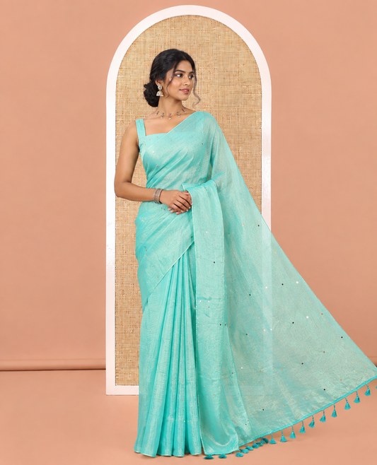 Borderless Sea Green Fendy Chiffon Saree, Gleamed Up with Sequin Work on Its Body, Highlighted by a Self-Pallu of Sequin Work, and Paired with a Matching Blouse