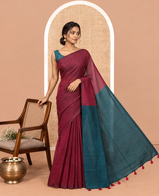 Borderless Purple Plain Design Khadi Cotton Saree