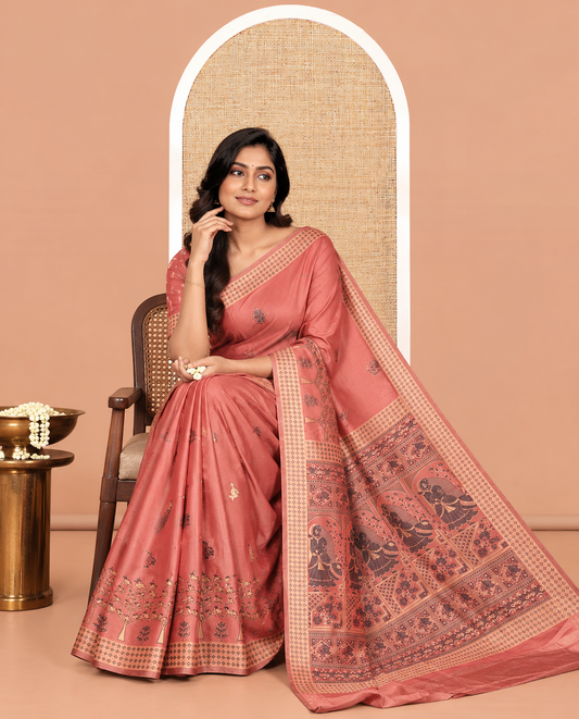 Rust Satin Silk Saree, Adorned with Flora-Fauna Buttas, Tree-Bird Border, Intricate Pallu, Matching Blouse