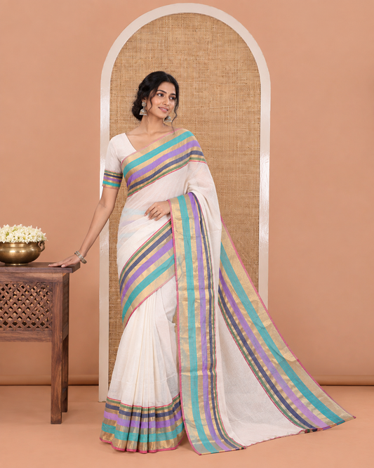 White Plain Khadi Mul Cotton Saree, Complemented by a Contrast Multi-Colored Striped Border, Subtle Self-Pallu, and Paired with a Running Blouse