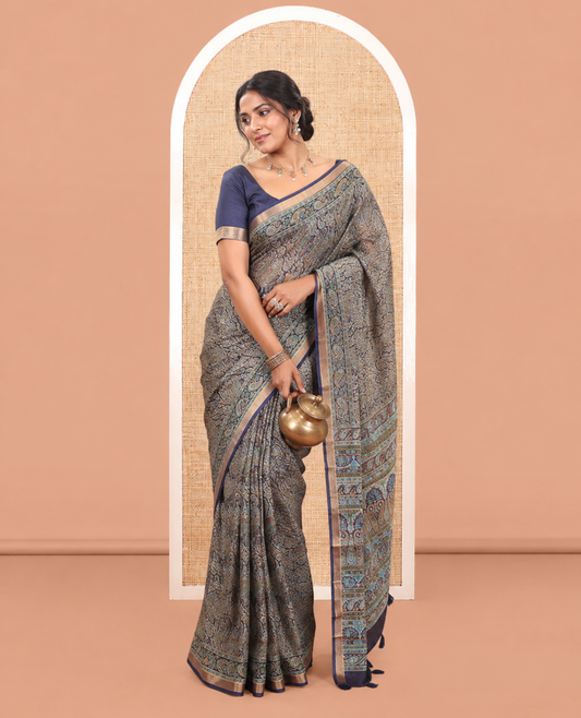 Navy Blue Malai Cotton Saree, Elevated with Paisley Print, a Self-Border, Intricate Pallu, Matching Blouse