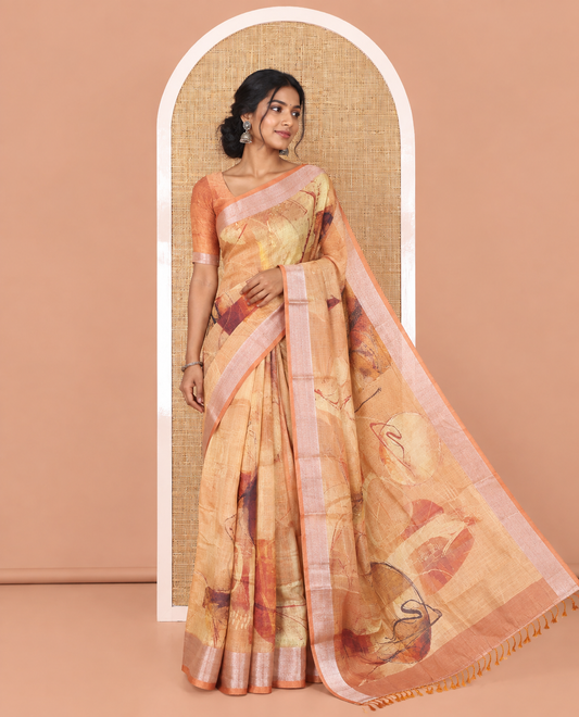 Mustard Linen Cotton Saree, Adorned with Polka Dot and Temple Buttas on Its Body, Highlighted by a Zari Border, Pallu Steeped with Floral Designs, and Paired with a Matching Blouse