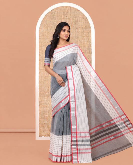 Grey Plain Handloom Mercerised Cotton Saree
