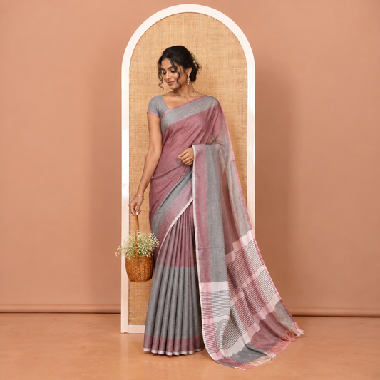 Grey-Onion Pink Chettinad Cotton Saree Features Half-And-Half-Style Horizontal Stripes, a Contrast Border, and No Blouse