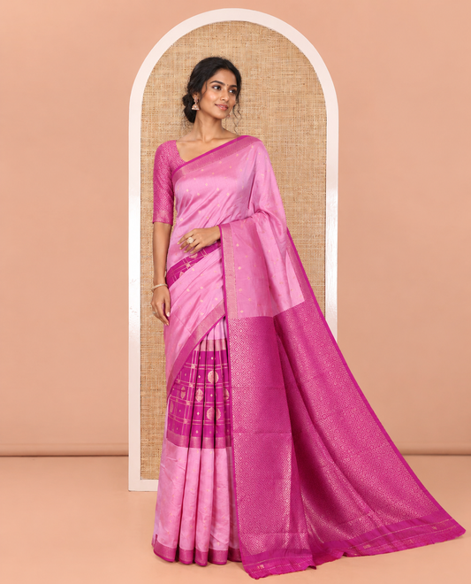 Magenta and Pink  Kanchi Silk Saree, Subtly Enriched with Zari Buttas and Buttas Enclosed Checks On Its Body, Complemented by Zari Border, Jaal Pallu, and Paired with a Contrast Jacquard Blouse