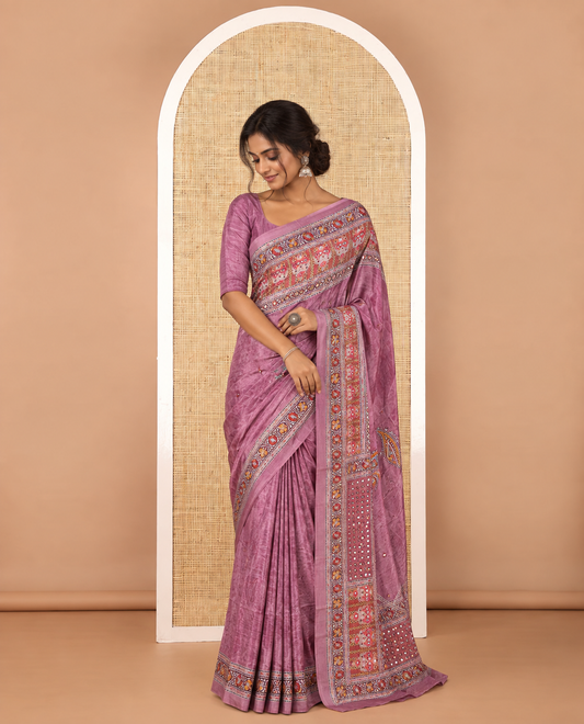 Lavender floral print & mirror embroidery masakali saree,self-border & pallu of print & mirror work, floral printed blouse