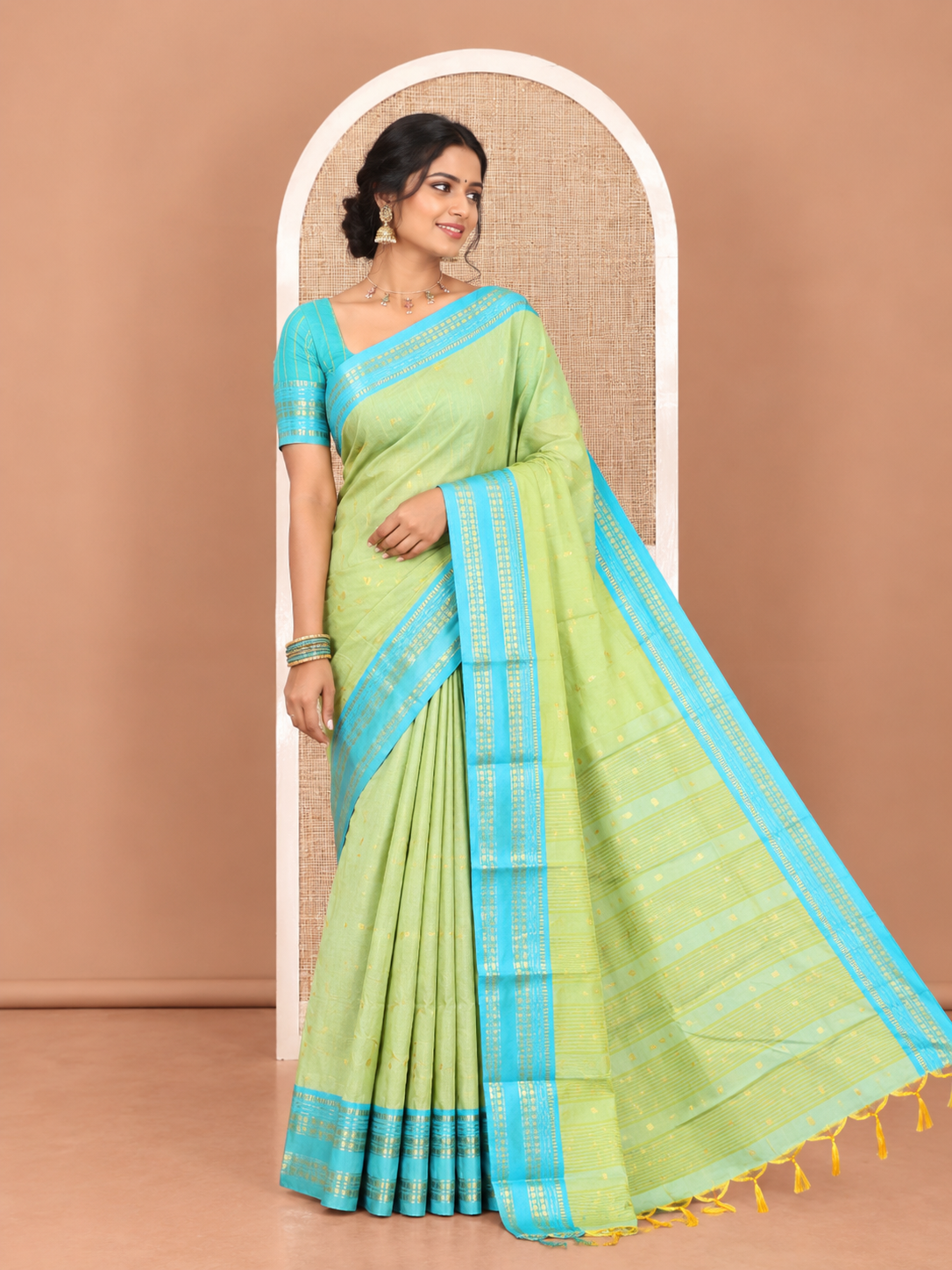 Parrot Green-Blue Softy Silk Saree, Adorned with Zari Buttas, a Contrast Traditional Zari Border, and a Matching Blouse