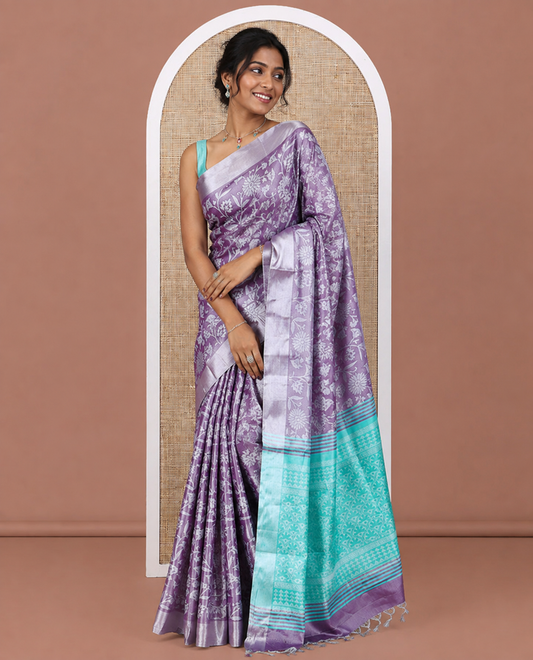 Purple Tissue Cotton Saree Features Floral Vine Design, a Zari Border, Contrast Intricate Pallu, and a Contrast Blouse