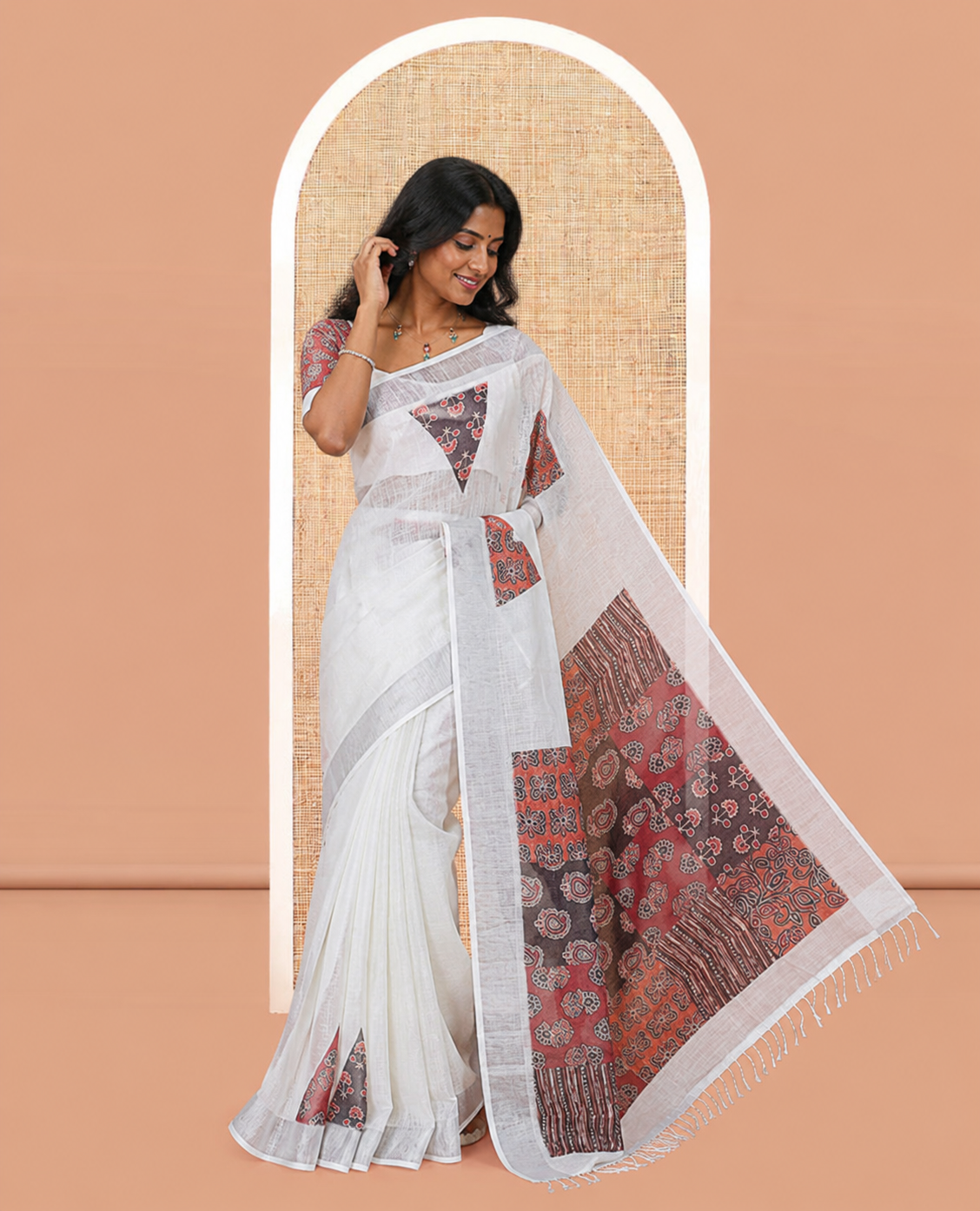Cream Linen Cotton Saree, Finely Crafted with Triangle Motifs Print, a Zari Border, Printed Pallu, and a Contrast Blouse
