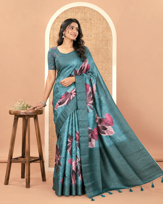 Blue floral-leaf eco-digital printed fancy tussar saree, zari border, pallu of dobby-style buttas & matching blouse of print & zari work