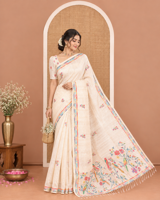Chikku Semi-Tussar Silk Saree, Embellished with Floral Motifs Printed on Its Body, a Subtle Chevron Striped Border, Pallu Accentuated by Colorful Floral Vine and Bird Print, and Paired with a Matching Printed Blouse