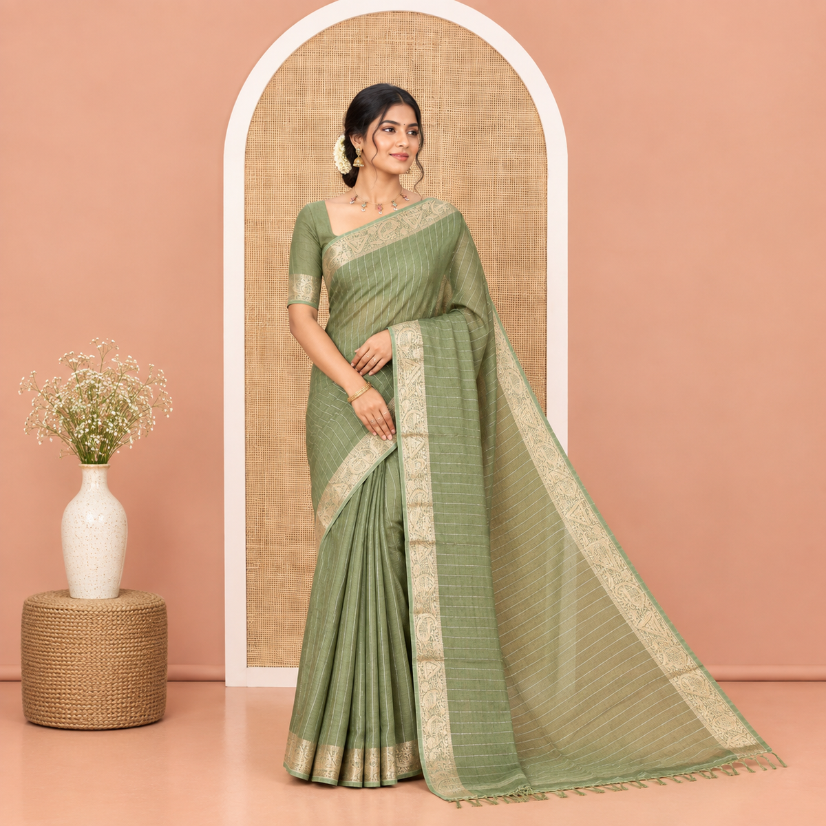 Green Moss Chiffon Saree, Gleamed Up with Vertical Stripes, a Zari Paisley-Diamond Border, and a Matching Blouse