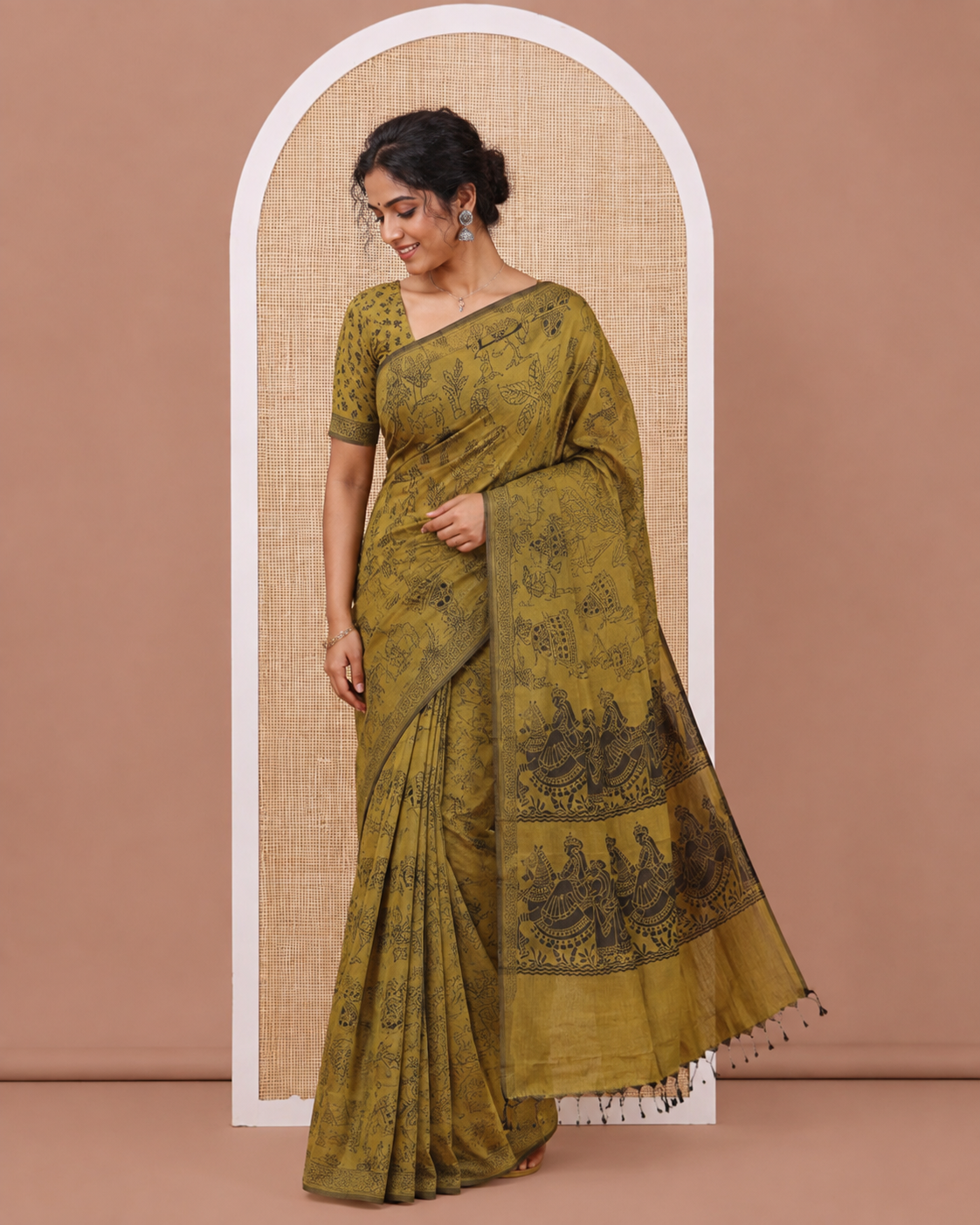 Borderless Mustard South Cotton Saree Features Traditional Village-Theme Print, and a Matching Blouse