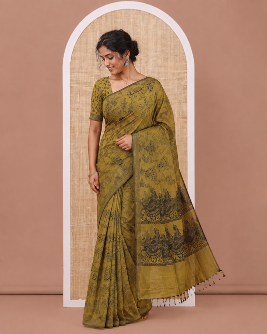 Borderless Mustard South Cotton Saree Features Traditional Village-Theme Print, and a Matching Blouse