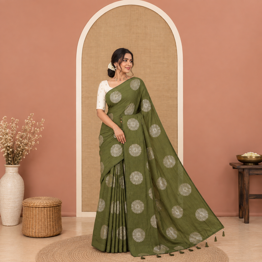 Borderless Olive Green Vichitra Saree Features Rangoli-Style Round Buttas Foil Print and a Contrast Sequins Embroidered Blouse