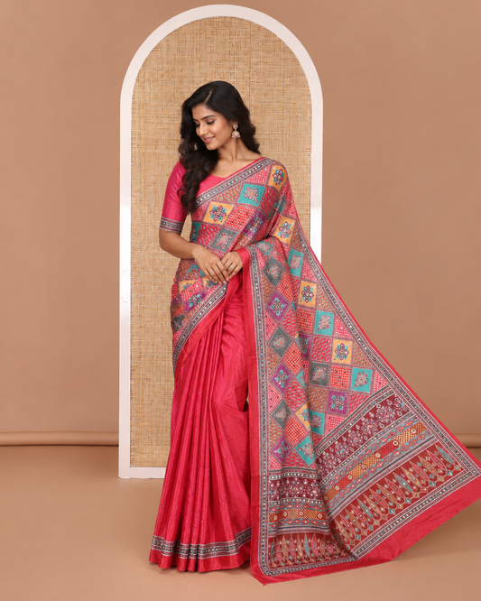 Maroon kaleidoscopic colored checks printed with mirrorwork masakali saree, printed border, print with mirror work pallu, and a matching blouse