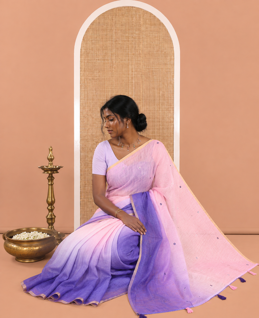 Violet Linen Cotton Saree Features Ombre-Style Dyed and Mirrorwork, a Subtle Piping Border, and a Matching Blouse