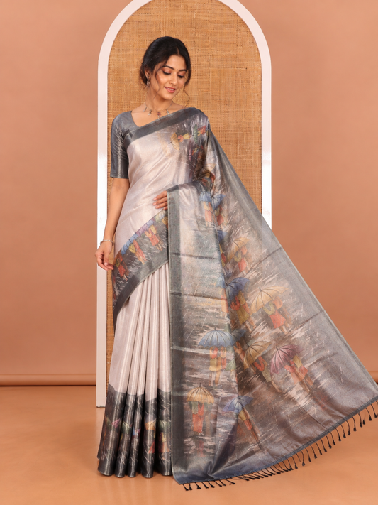 Gold Rain-Themed Printed Tissue Saree Features People with Umbrellas, a Contrast Zari Border, and a Matching Blouse