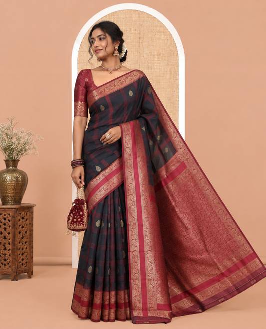 Black Art Kanchi Silk Saree Features Butta Enclosed Checks, a Contrast Temple Rettai Pettu Border, Grand Pallu, and a Contrast Blouse