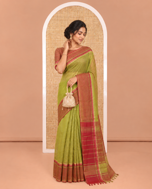 Green Kota Chex Saree with Sparse Checks, Complemented by a Contrast Temple Border, Striped Pallu, and a Contrast Blouse