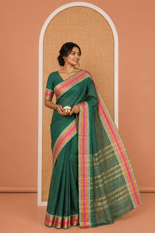 Green Plain Mercerised Cotton Saree, Complemented by Contrast Traditional Border, Striped Pallu, and a Matching Blouse