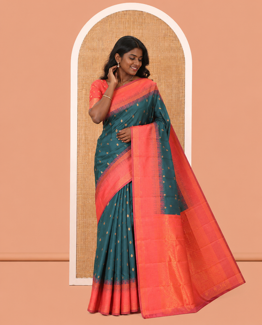 Green Art Kanchi Silk Saree, Adorned with Buttas, a Contrast Traditional Zari Border, Intricate Pallu, and a Contrast Blouse