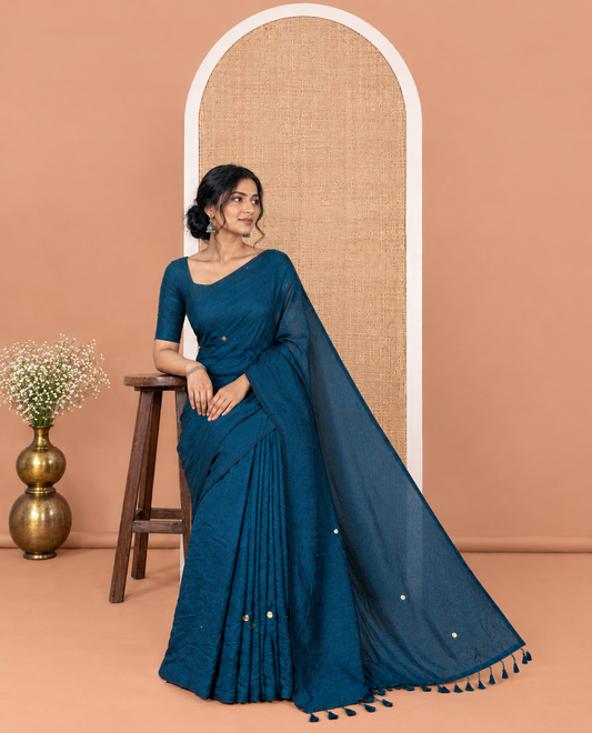 Borderless Peacock Green Vichitra Saree Features Gleaming Sequin Work, and a Matching Blouse