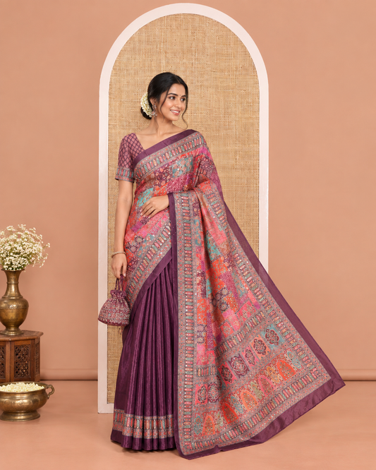 Purple Masakali Saree, Majestically Detailed with Kaleidoscopic-Colored Floral and Mughal-Themed Motifs Printed Mirror Work All Over Its Body, Printed Border, Intricately Printed Mirror Work Pallu, and Paired with a Matching Blouse