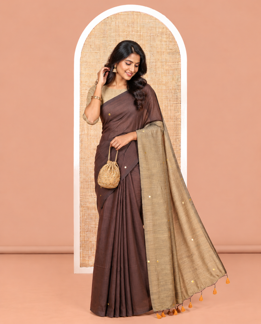 Borderless Brown-Chikku Khadi Cotton Saree