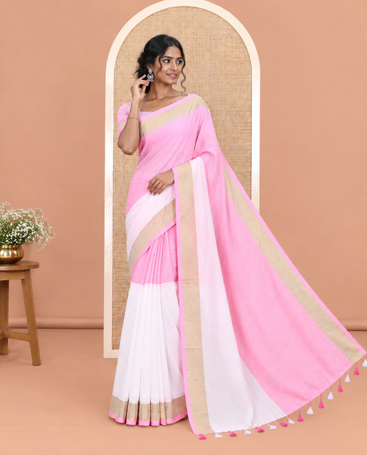 Pink Half-And-Half-Style Plain Khadi Mul Cotton Saree, a Zari Border, a Self-Pallu, and a Matching Blouse