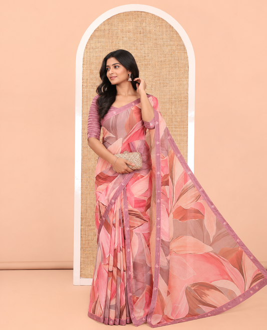 Dusky Pink Chiffon Saree Features Abstract Floral Print, Lace Embroidery Border, and Matching Blouse