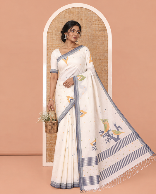 Cream Khadi Mul Cotton Saree Features Buttas, Contrast Temple Border, Jhamdani Floral-Bird Woven Pallu, and a Matching Blouse