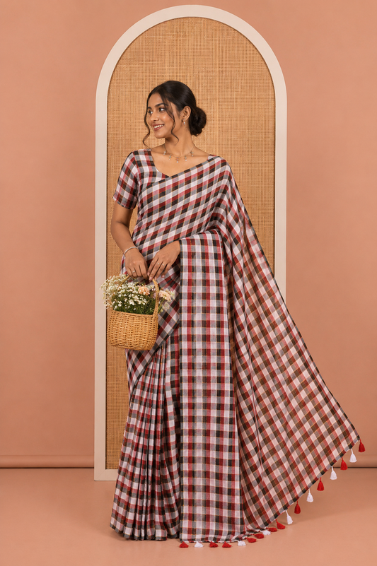 Borderless White-Black Khadi Mul Cotton Saree, Adorned with Vintage-Style Micro-Checks, a Self-Pallu, and No Blouse