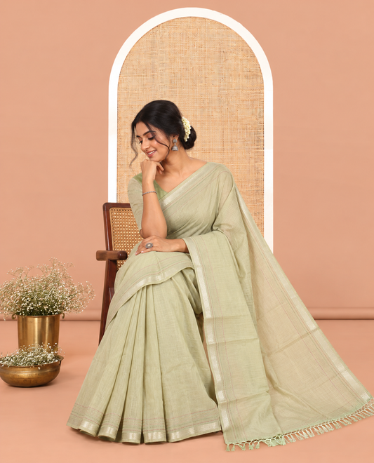 Pista Green Plain Chanderi Cotton Saree