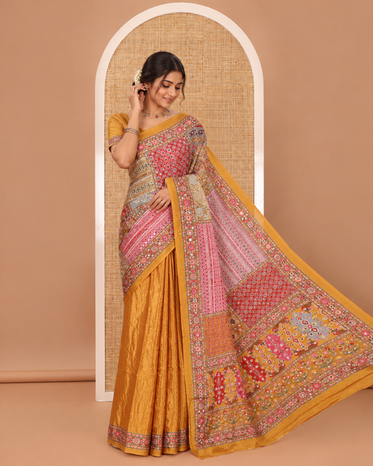 Mustard half-&-half masakali saree with kaleidoscope-colored geometric print and mirror work, plain blouse