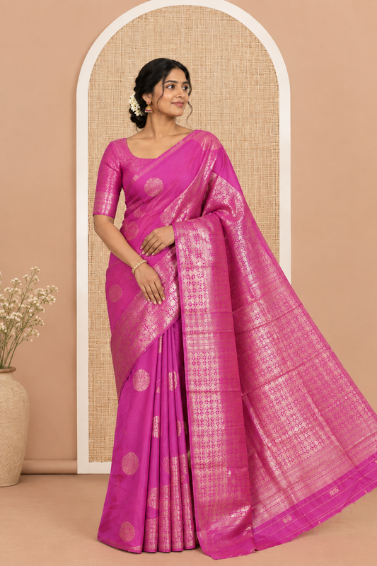 Borderless Magenta Art Kanchi Silk Saree, Embellished with Jacquard Design, a Grand Pallu, and a Matching Blouse