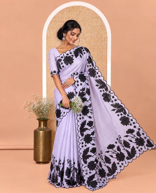 Lavender Plain Fancy Kota Silk Saree Mesmerized with Floral Applique Embroidered Scallop Border, Applique Embroidered Pallu, and a Matching Blouse
