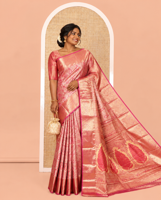 Pink Art Silk Saree, Embellished with Floral-Paisley Jacquard Design, a Traditional Zari Border, Intricate Pallu, and a Matching Blouse